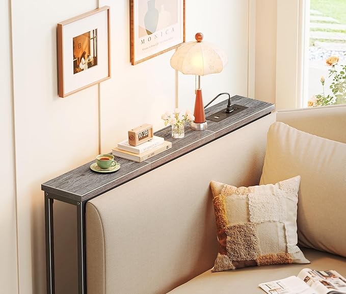 SUPERJARE 5.7 Inch Console Table with Outlet, Sofa Table, Behind Couch Table, 5.7 x 39.4 x 29.7 Inches, Metal Frame, Charging Station, Charcoal Grey
