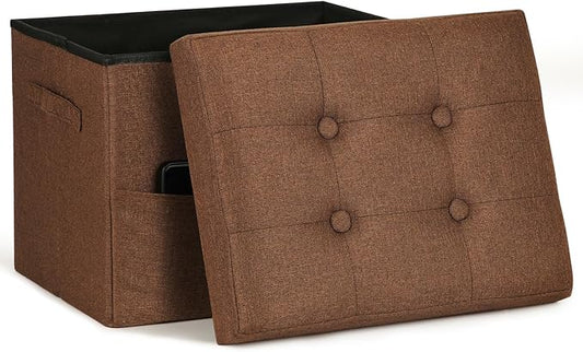 Storage Ottoman Cube, Folding Foot Rest with Thicker Foam Padded Seat. 350 lbs Small Linen Ottoman with Storage Bench Footstool for Living Room, Bedroom, Coffee Table. 17x13x13in, Brown