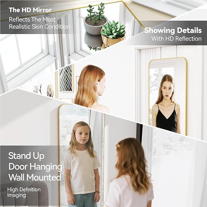 57x20 Door Hanging Full Length Mirror, Floor Stand (Height 5.7ft just Body in1.3ft) Wall Mounted Metal Frame Rectangle Dressing Mirrors for Bedroom Room 57 inch Gold