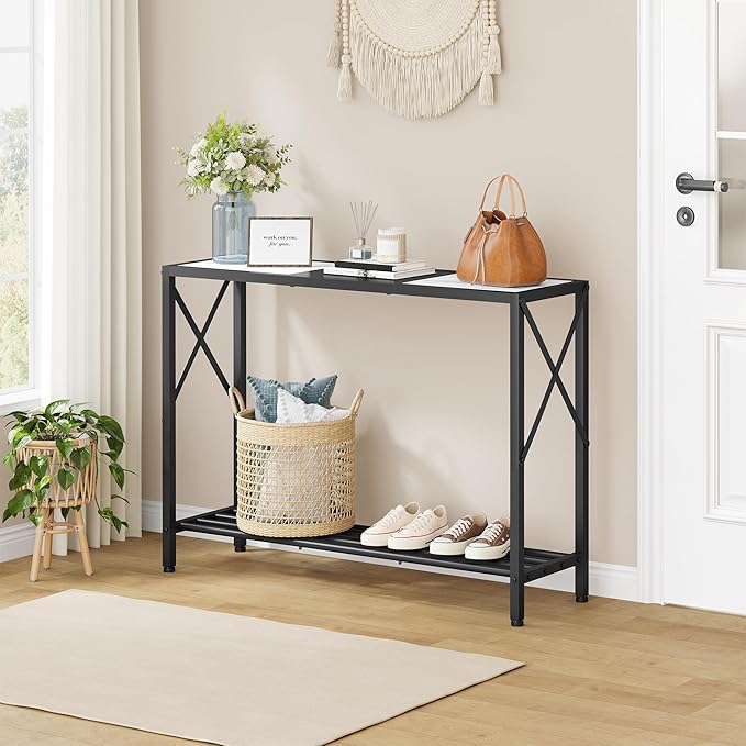 Tajsoon Console Table 41.8”, 2-Tier Entryway Table, Narrow Sofa Table with Shelves, Entrance Table for Hallway, Entryway, Living Room, Foyer, Corridor, Office, Black & White
