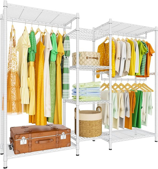 LEHOM G6M Heavy Duty Clothes Rack for Hanging Clothes, Portable Garment Rack Compact Size Closet Organizer, Freestanding Metal Clothing Rack Wardrobe Closet with Storage Shelves for Bedroom, White