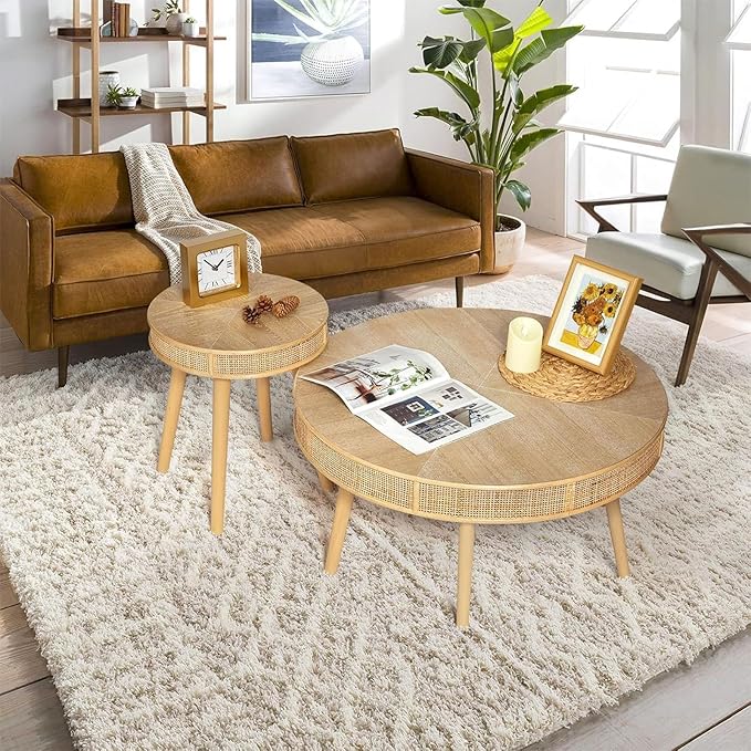RUSTOWN 2-Piece Round Coffee Table Set with Rattan Accent, Soild Wood Leg, Farmhouse Modern Side Tables for Living Room, Boho Decor, Natural Finish