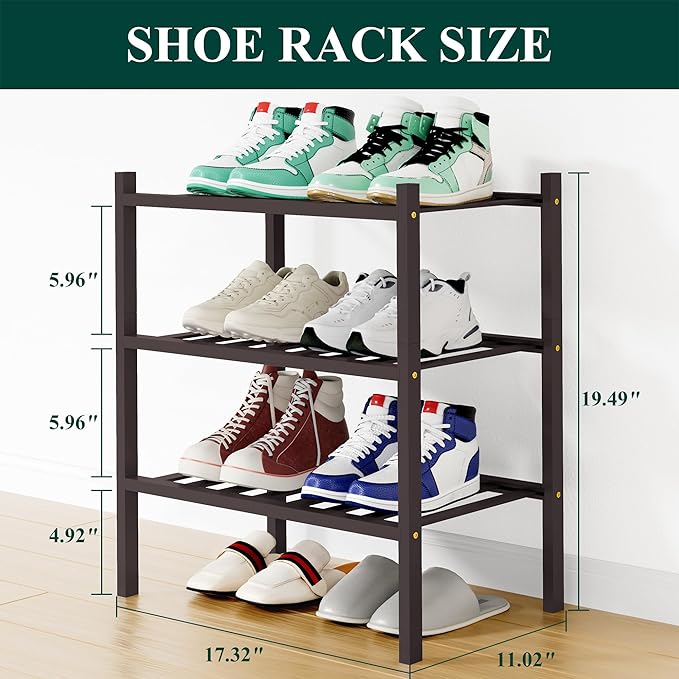 Smiry Shoe Rack, 3 Tier Small Bamboo Shoe Organizer, Stackable Free Standing Wooden Shoe Storage Shelf for Closet, Entryway, Front Door Entrance, Brown