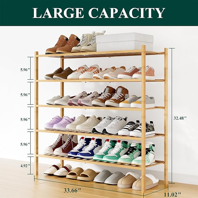 Smiry Shoe Rack, 5 Tier Long Bamboo Shoe Organizer, Stackable Free Standing Wooden Shoe Storage Shelf for Closet, Entryway, Front Door Entrance, Natural