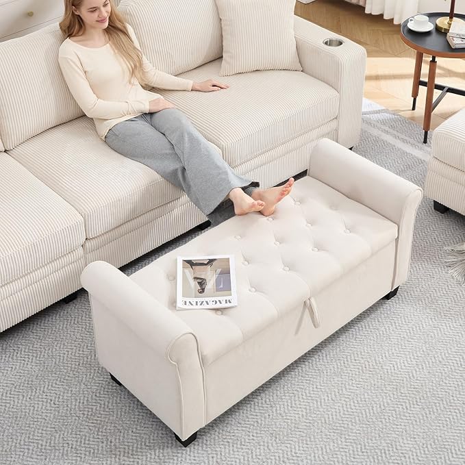 End of Bed Storage Bench for Bedroom, 49" Upholstered Storage Ottoman with Rolled Arms, Rivet Polyester Fabric Ottoman Bench for Bedroom, Living Room, Window, Entryway, Beige