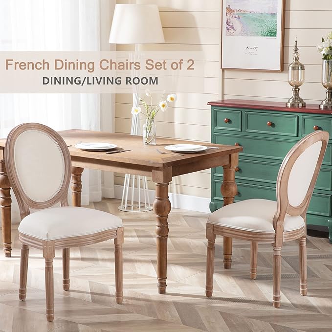 Nrizc French Dining Chairs Set of 2, French Country Dining Chairs, Vintage Farmhouse Dining Chairs with Round Back, Solid Wood Beige Fabric Dining Room Chairs, for Kitchen, Bedroom, Dining Room