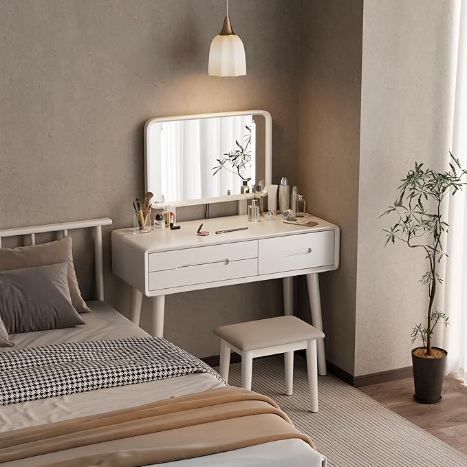 Solid Wood Vanity Desk with Mirror and Lights,Adjustable Height and Brightness, Makeup Vanity with 3 Drawers,Semi-Assembled,Dressing Table for Bedroom (White)