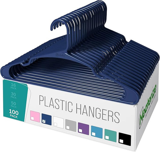 NEATERIZE Clothes Hangers Plastic 100 Pack for Adults - Plastic Hangers, The Perfect Coat Hanger and Space Saving Clothes Hangers for Closet, Percheros Ganchos para Colgar Ropa Hangars - Navy Hangers