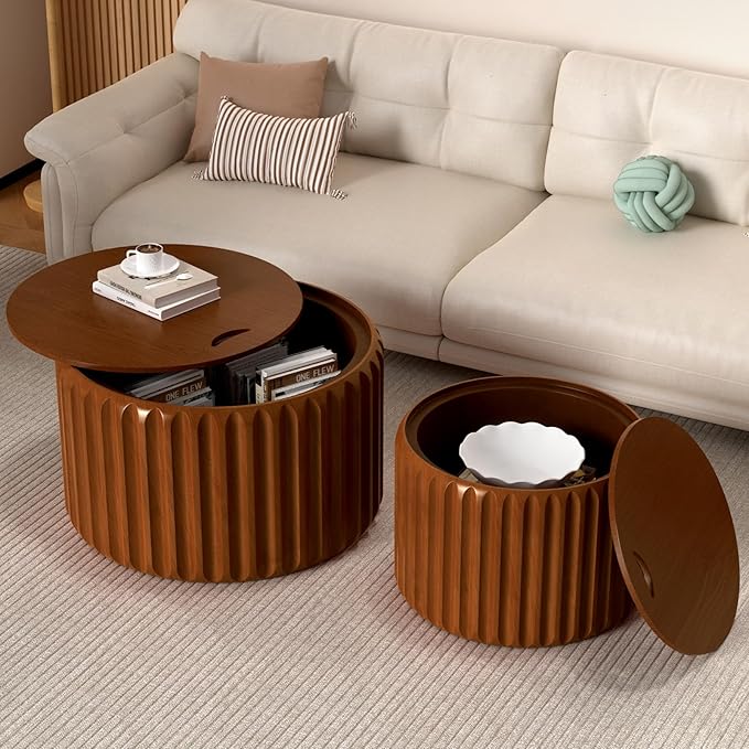 26" Round Nesting Coffee Table Set of 2 with Storage, Modern Round Wood Fluted Coffee Tables with Storage for Living Room Nesting End Table for Small Space (A Walnut)