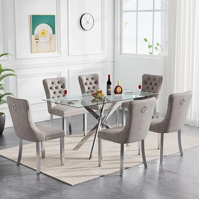 Goujxcy Glass Dining Table Set for 6, Modern Kitchen Table and Chairs Set of 6, 7-Piece Kitchen Dining Room Table Set w/51 Glass Metal Dining Table and 6 Grey Velvet Upholstered Chairs