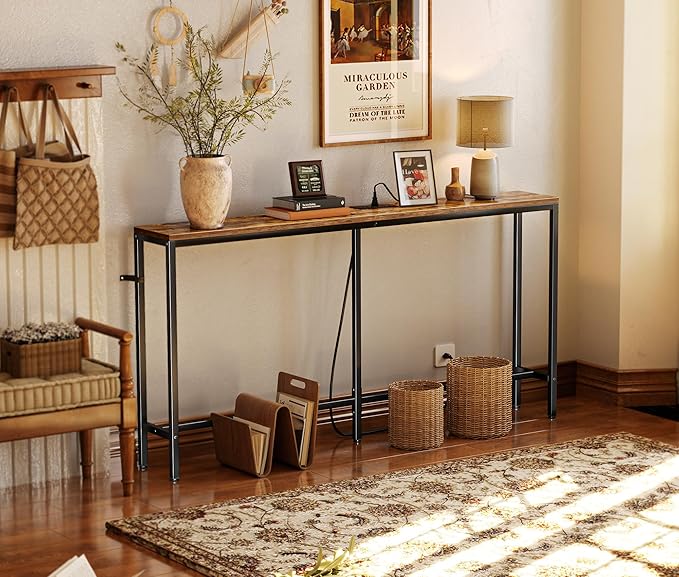 SUPERJARE Console Table with Outlet, 63 Inch Sofa Table with Charging Station, Narrow Entryway Table, Behind Couch Table, for Living Room, Plants - Rustic Brown