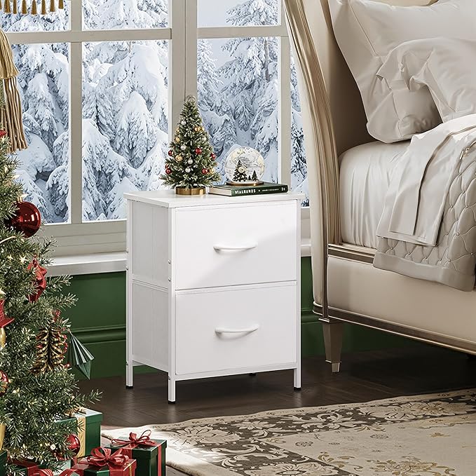 WLIVE White Night Stand, Small Dresser with 2 Drawers & Wooden Top, Nightstand with Fabric Bins, Bedside Table End Table for Bedroom, Closet, Entryway, College Dorm, White