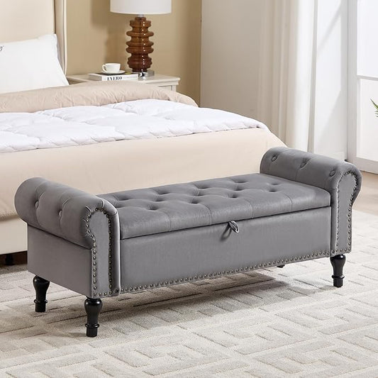 Storage Bench for Bedroom, 51" Upholstered End of Bed Bench, Velvet Queen Size Benches with Rolled Arms, Tufted Button Storage Long Ottoman, Living Room, Entryway, Grey