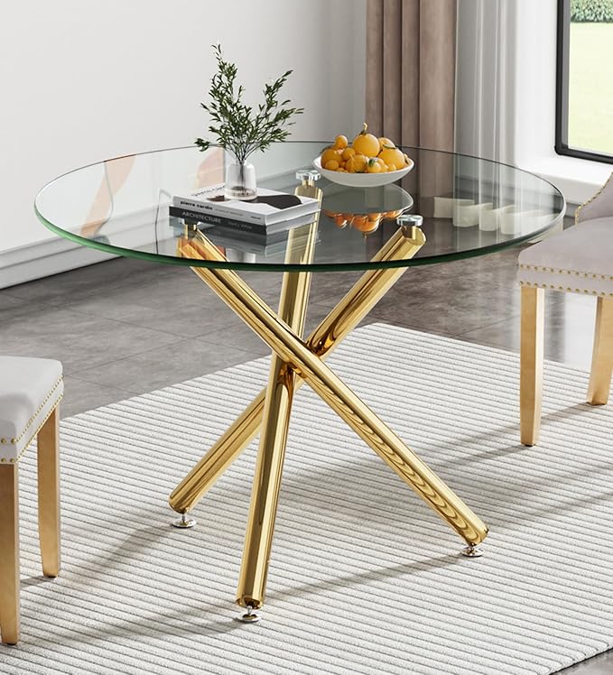 36" Round Dining Table for 4, Modern Clear Glass Kitchen Table for 4 with Gold Cross Metal Legs, Contemporary Small Circle Dining Room Leisure Tables for Kitchen Apartment
