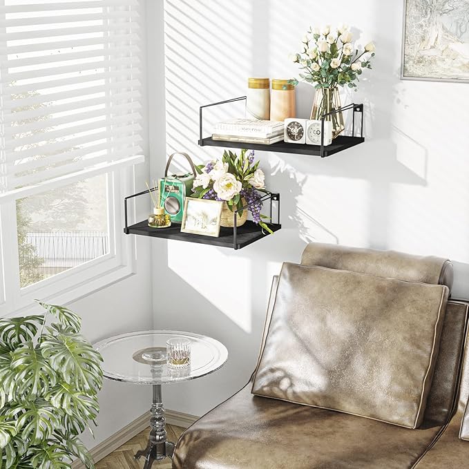 SRIWATANA Wide Floating Shelves, Rustic Wood Wall Shelves Set of 2, Wall Mounted Shelves with Large Capacity for Many Rooms Decor, Black