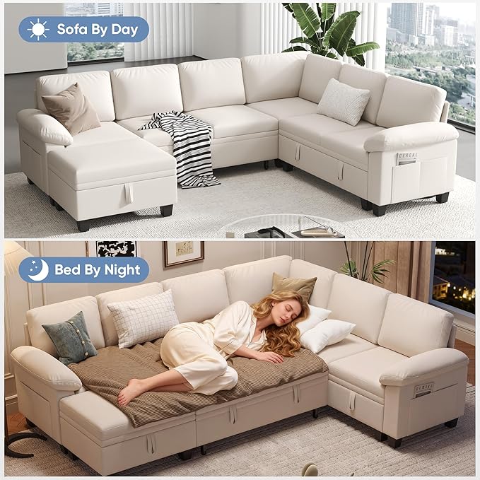 100" Modular Sectional Sleeper Sofa with Pull Out Bed,U Shaped 7 Seat Sectional Sofa with Storage,Modular Couch for Living Room,Deep Seat Couch with Removable Sofa Cover,Beige