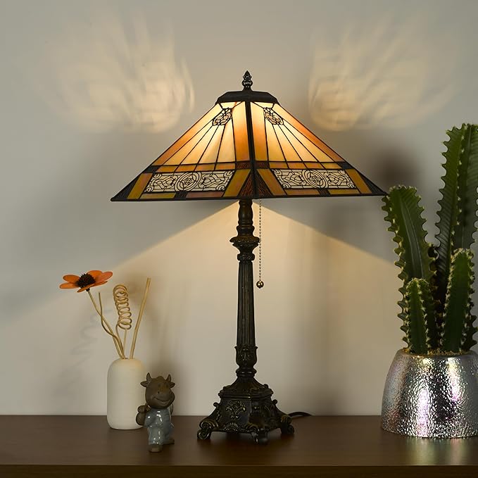 Tiffany Table Lamps Yellow Stained Glass Striped Checkered Style Mission Desk Lamp 12X12X24 Inch Bronze Resin Base