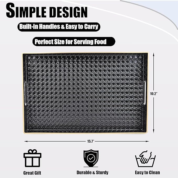 Black Decorative Coffee Table Tray, Rectangular Plastic Serving Tray with Handles for Living Room, Ottoman, Bathroom, 15.7"*10.2"