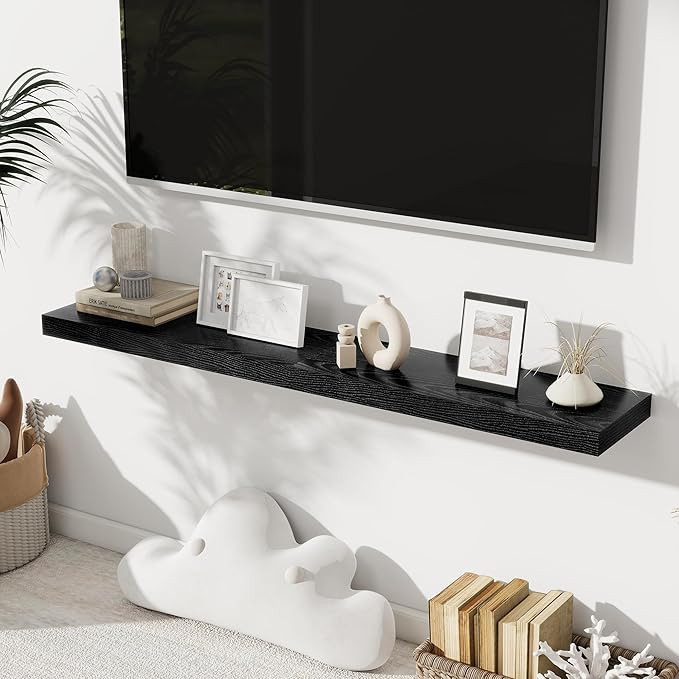 Floating Shelves for Wall, 24 Inch Floating Shelves Set of 2, Wall Mounted Rustic Wood Shelf for Bathroom, Living Room, Bedroom and Kitchen, Hanging Shelf for Storage, Books, Home Decor, Black