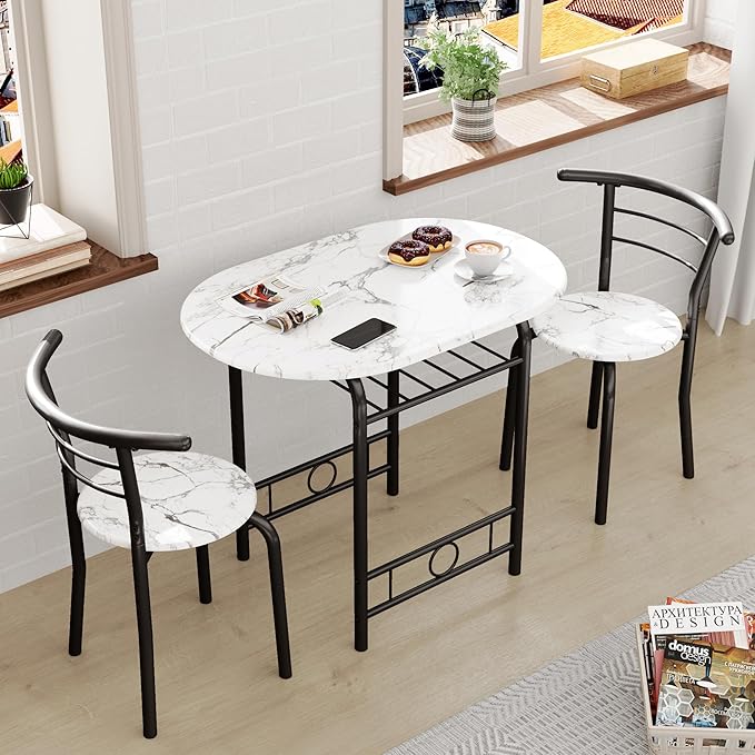 JUMMICO 3-Piece Wooden Round Table & Chair Set, Space Saving Kitchen Breakfast Nook Wood Grain Tabletop with Metal Frame and Built-in Wine Rack for Kitchen, Dining Room (White/Black)