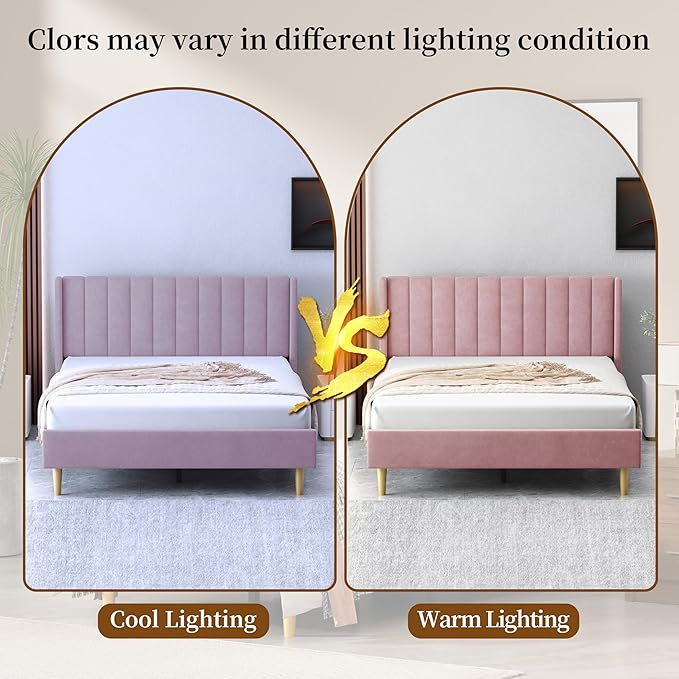 Queen Size Upholstered Platform Bed Frame with Modern Wingback & Vertical Panel Headboard, Velvet Fabric, Wooden Legs & Slats Support, No Box Spring Needed, Noise-Free & Easy Assembly, Pink