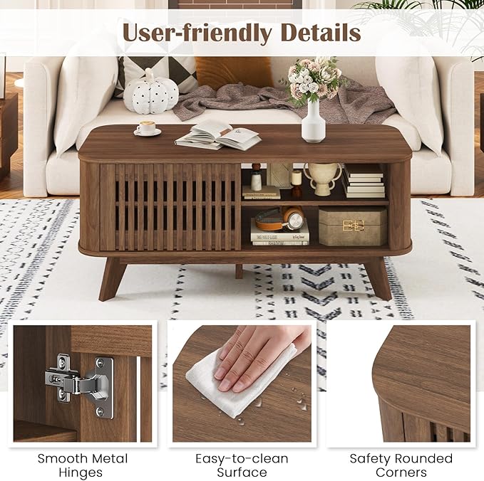 Giantex Coffee Table with Storage, Mid Century Modern Tea Table with Adjustable Shelves & 2 Doors, Wood Coffee Tables w/Fluted Design, Rectangular Farmhouse Center Table for Living Room, Bedroom