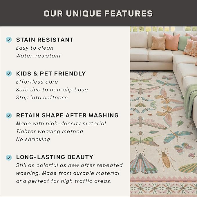 Cute Rugs for Bedroom Girls - Pink Living Room Rugs 8X10, Dining Room Table, Washable Pastel Flower Insect Print Whimsical Décor