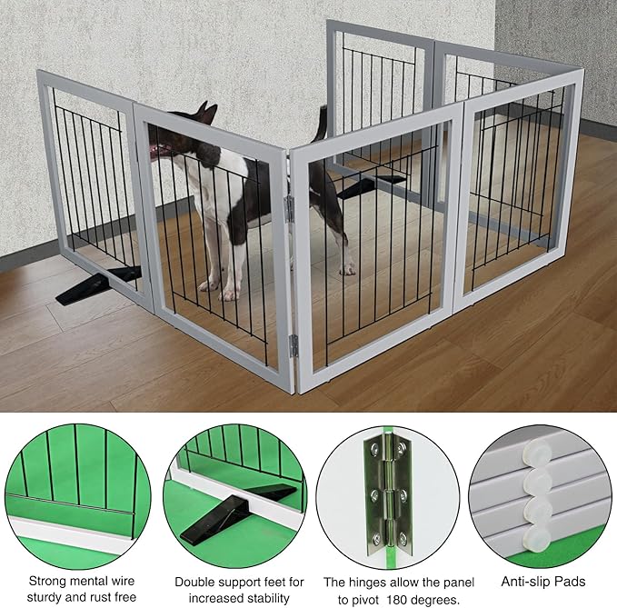 ZJSF Freestanding Dog Gate Indoor, Foldable Dog Fence for Doorways,Hallways or Stairs, Sturdy Wood Extra Wide Pet Gate with Support Feet,Grey,24 "Height-6 Panels