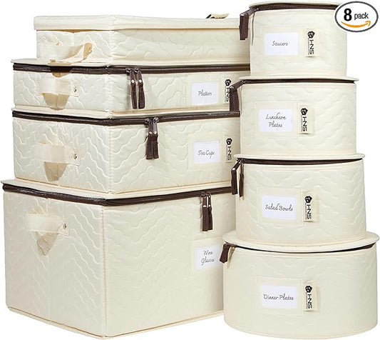 Hard Shell China Storage Containers 8-Piece Set Moving Boxes for Dinnerware, Glasses, Plates, Mugs and Saucers Sturdy Dish Organizer with Dividers for Seasonal Storage - Service for 12 - Beige Quilted