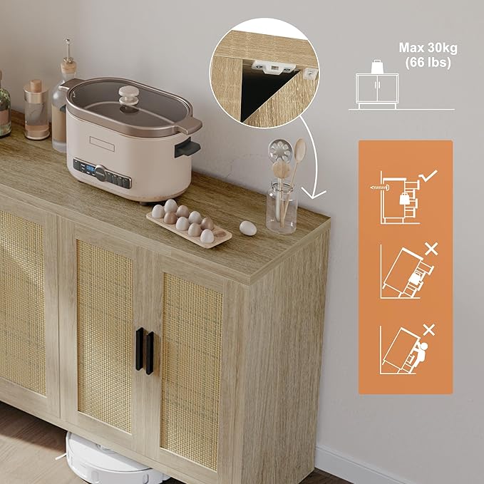 Mericonia Rattan Buffet Cabinet with Storage, Sideboard with Doors, TV Stand, Farmhouse Side Board Coffee Bar, Modern Wood Storage Cabinets for Livingroom, Kitchen and Dining Room (Oak)