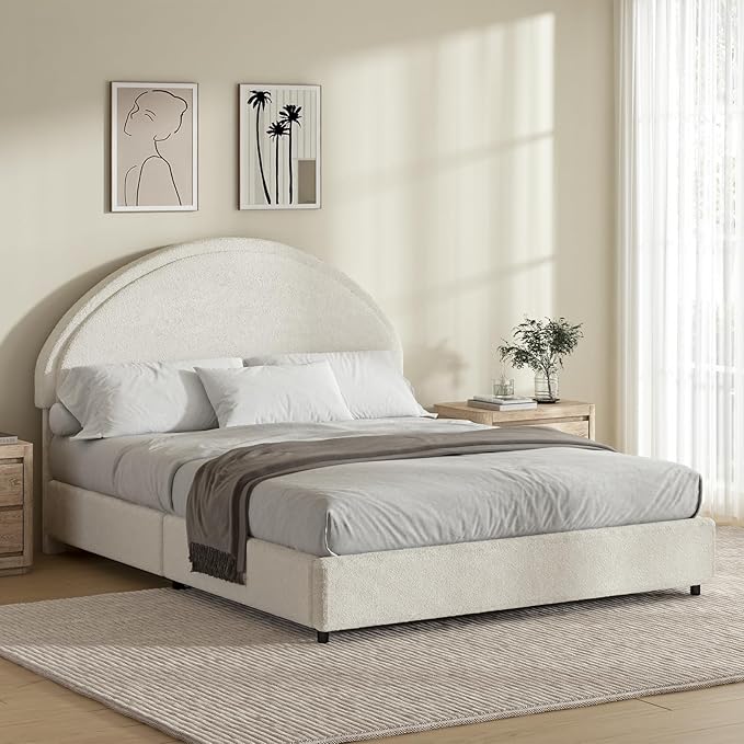 Full Size Bed Frame with Round Headboard, Upholstered Platform Bed Frame, Boucle Soft Bed Frame, Modern Style, No Box Spring Required, Easy Assembly, White