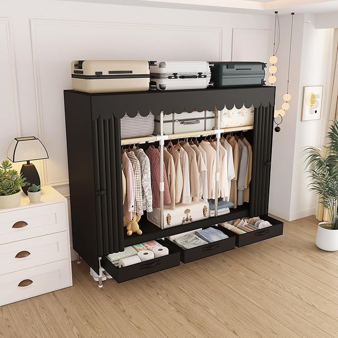 Portable Wardrobe Closet Durable and Easy to Assemble Heavy Duty Clothes Rack with Non-Woven Cover Fabric Best for Bedroom and Easy Storage and Organization (Brown-A)