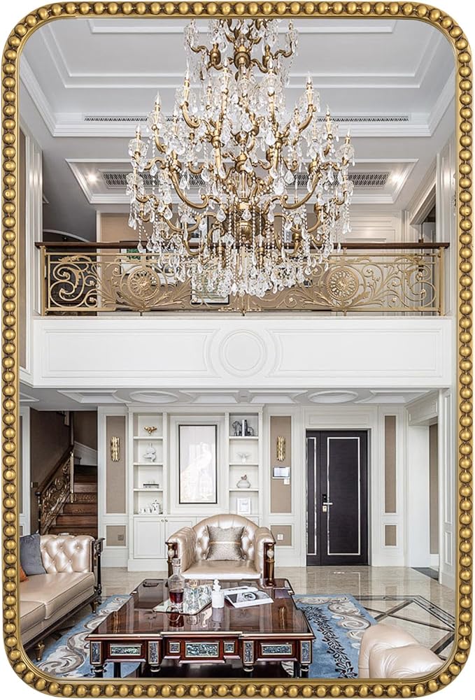 Wall Mirror for Bathroom - 30"x40" Rectangle Rounded Corner Beaded Frame Mirror, Large Vanity Mirror Hangs Horizontal or Vertical, Antique Gold