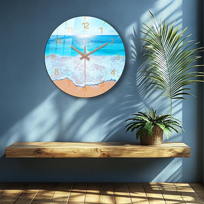 Large Coast Wall Clock 16 inch Modern Beach Wall Clock Wooden Silent Analog Clock for Office, Living Room Decor Battery Operated