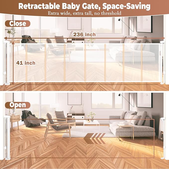 236" Retractable Baby Gate Extra Wide, 41" Tall Retractable Dog Gate for Stairs, Doorways, Decks, Mesh Gate Long Child Gate Pet Gate for Indoor, Outdoor, with Reinforced Mesh Rods, Dual Locks