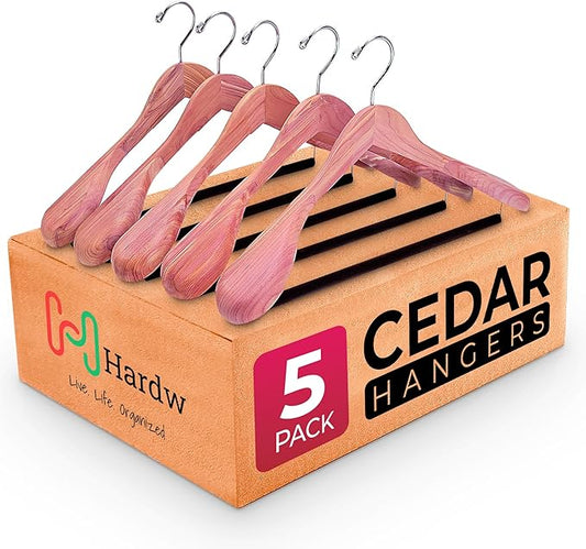 Cedar Hangers for Closet - 5 Pack Extra Wide Wooden Hangers for Suits, Coat, Dress, Jacket, Clothes Storage - Non Slip Foam Padded Pant Bar with 360° Swivel Hook, Aromatic American Cedar Wood