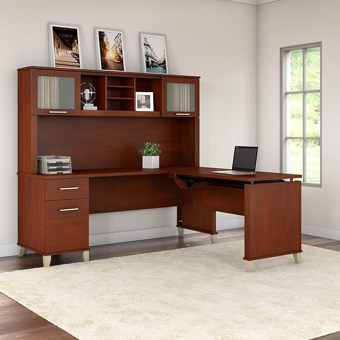 Bush Furniture Somerset 72W 3 Position Sit to Stand L Shaped Desk with Hutch in Hansen Cherry | Adjustable Height Table for Home Office