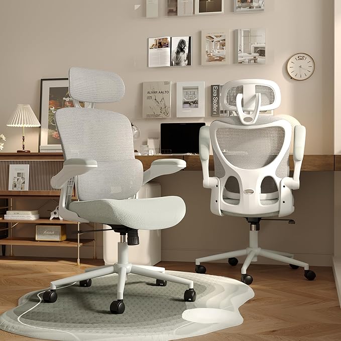 SUNNOW Ergonomic Office Chair, Comfy Mesh Desk Chair, High Back Computer Gaming Chairs with Adjustable Lumbar Support, Flip-Up Arms, Headrest, Tilt Function, Wide Cushion, Swivel Wheel, BIFMA Quality