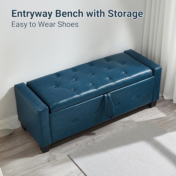 48" Faux Leather Ottoman with Storage, Tufted Storage Ottoman Bench with Safety Hinge, Rectangular Extra Long Bench for Bedroom, Living Room, Entryway and Window, Blue