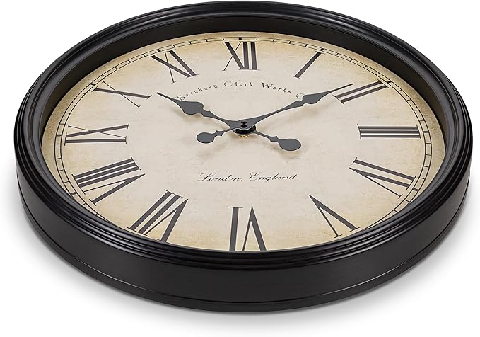 Bernhard Products Large Decorative Wall Clock 20 Inch Silent Non Ticking Battery Operated Quartz Vintage Stylish with Rustic Black Rim for Home Living/Dining Room Kitchen & Over Fireplace