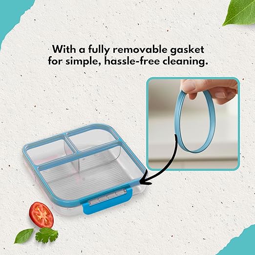 MyGo Pro Square Container, 3-Compartment Clear Heavy Duty Plastic Food Storage Container, Portable Sleek Design, Spill-Resistant with Removable Gasket, 7.25" L X 7.25" W X 2" H