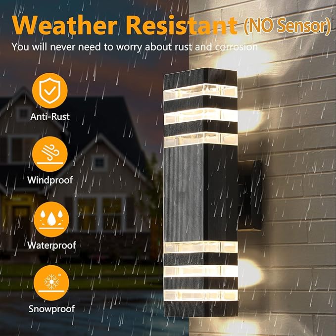 tewei Up and Down Outdoor Lights Exterior Wall Light Fixture, 3-Layer Black Modern Outdoor Lights for House, IP65 Waterproof Aluminum Exterior Wall Sconce for Porch Garage, Warm White 3000K, 2 Pack