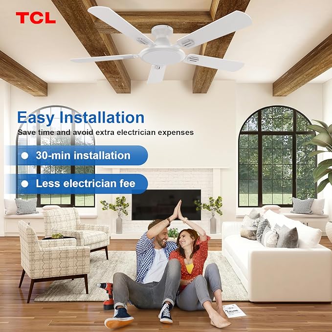 TCL Ceiling Fans with Lights, 52 Inch Low Profile Ceiling Fan with Light and Remote Control, Flush Mount, DC Reversible Motor, Noiseless, 6 Speeds Ceiling Fan for Bedroom (White)