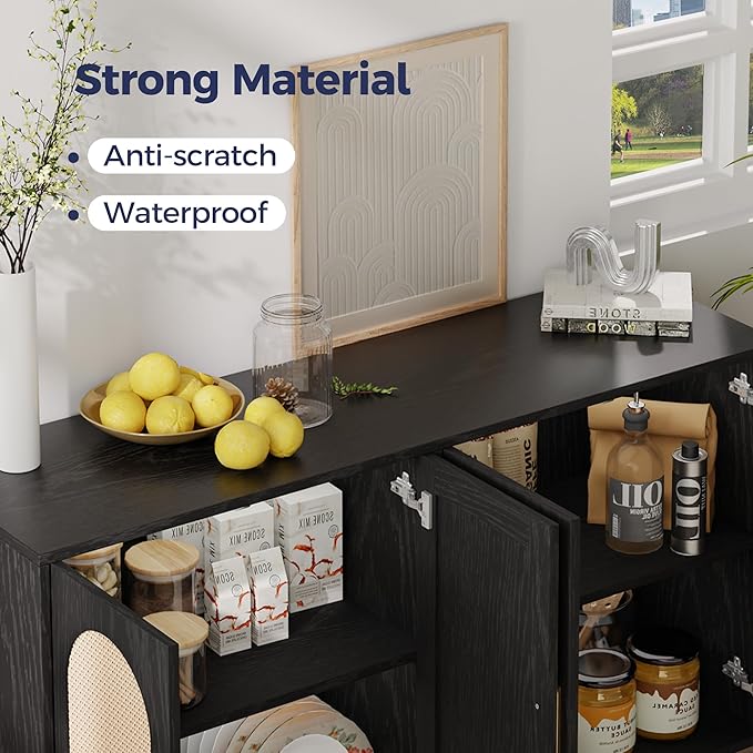 4-Door Rattan Sideboard Buffet Cabinet, 47" Large Storage Cabinet with Shleves, Wood Modern Accent Credenza Kitchen Table for Dining Room, Living Room & Entryway, Black & Natural