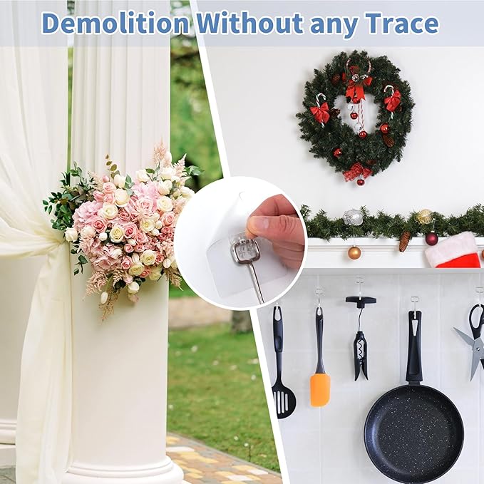 Adhesive Wall Hooks for Hanging - 60lb Heavy Duty Waterproof & Rustproof, Sticky Hooks for Walls No Damage, Kitchen/Bathroom/Rental (Ganchos para Pared) 10-Pack