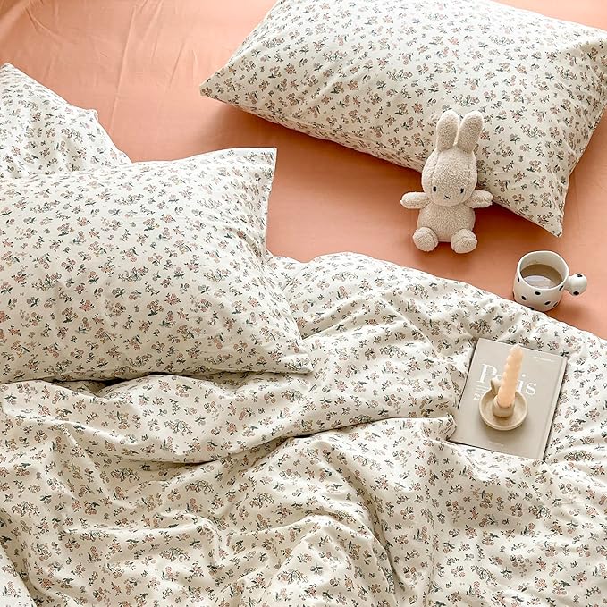 LifeTB Aesthetic Floral Duvet Cover King Cozy Boho Pink Flower Cotton Bedding Set Farmhouse Vintage Botanical Flower Duvet Cover Cute Floral Comforter Cover Girls Cottagecore Duvet Cover Set King