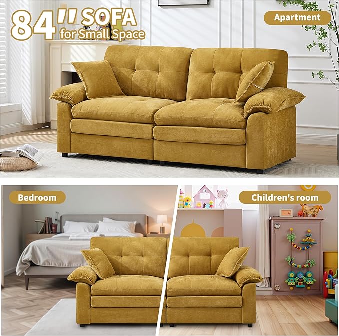 84" Loveseat Sofa, Modern Couches for Living Room,Double-Layer Cushion Cloud Couch with Deep Seat,Super Comfy Chenille Sofas,Sturdy Frame, Easy Assembly for Bedroom, Apartment, Office, Yellow