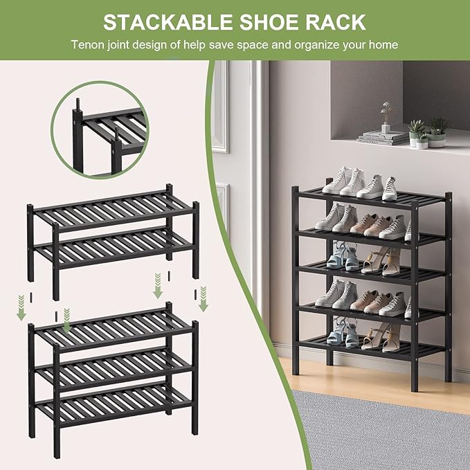 3 Tier (Thick) Bamboo Shoe Rack for Entryway, Small Wood Shoe Shelf Storage Organizer for Closet, Shoe Stand for Hallway, Stackable and Sturdy 27"x12"x21" Black