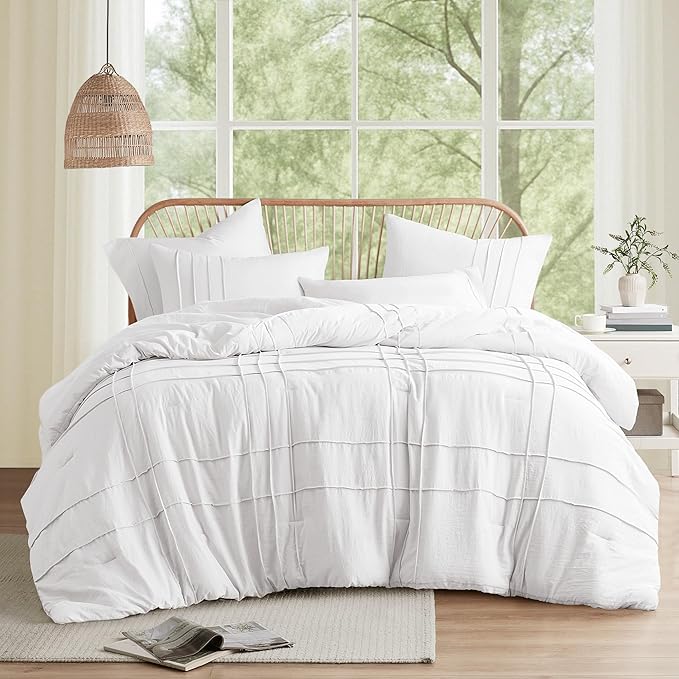 Comfort Spaces White Cal King Size Comforter Set - 3 Pieces Pintuck Pleated Bedding Sets, All Season Lightweight, Extra Softness Pre-Washed Microfiber Cal King Bed Set, Shams, Cal King