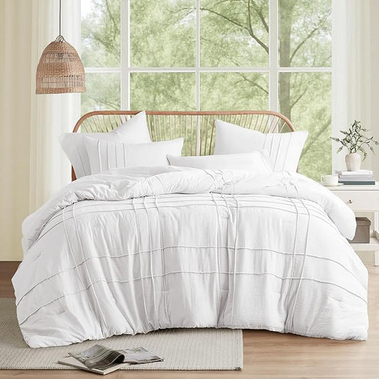 Comfort Spaces White Cal King Size Comforter Set - 3 Pieces Pintuck Pleated Bedding Sets, All Season Lightweight, Extra Softness Pre-Washed Microfiber Cal King Bed Set, Shams, Cal King